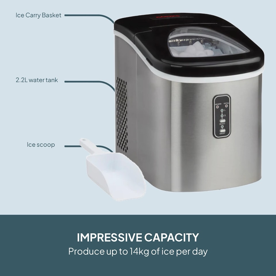 image 1 of Cooks Professional Ice Maker Machine with Scoop & 2.2L Tank - Makes 14KG Per Day | Silver