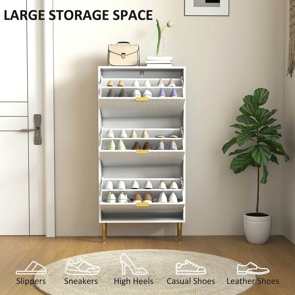 image 1 of HOMCOM Slim Shoe Storage Cabinet with 3 Flip Drawers for Hallway White | Gold | 60W x 24D x 128H cm