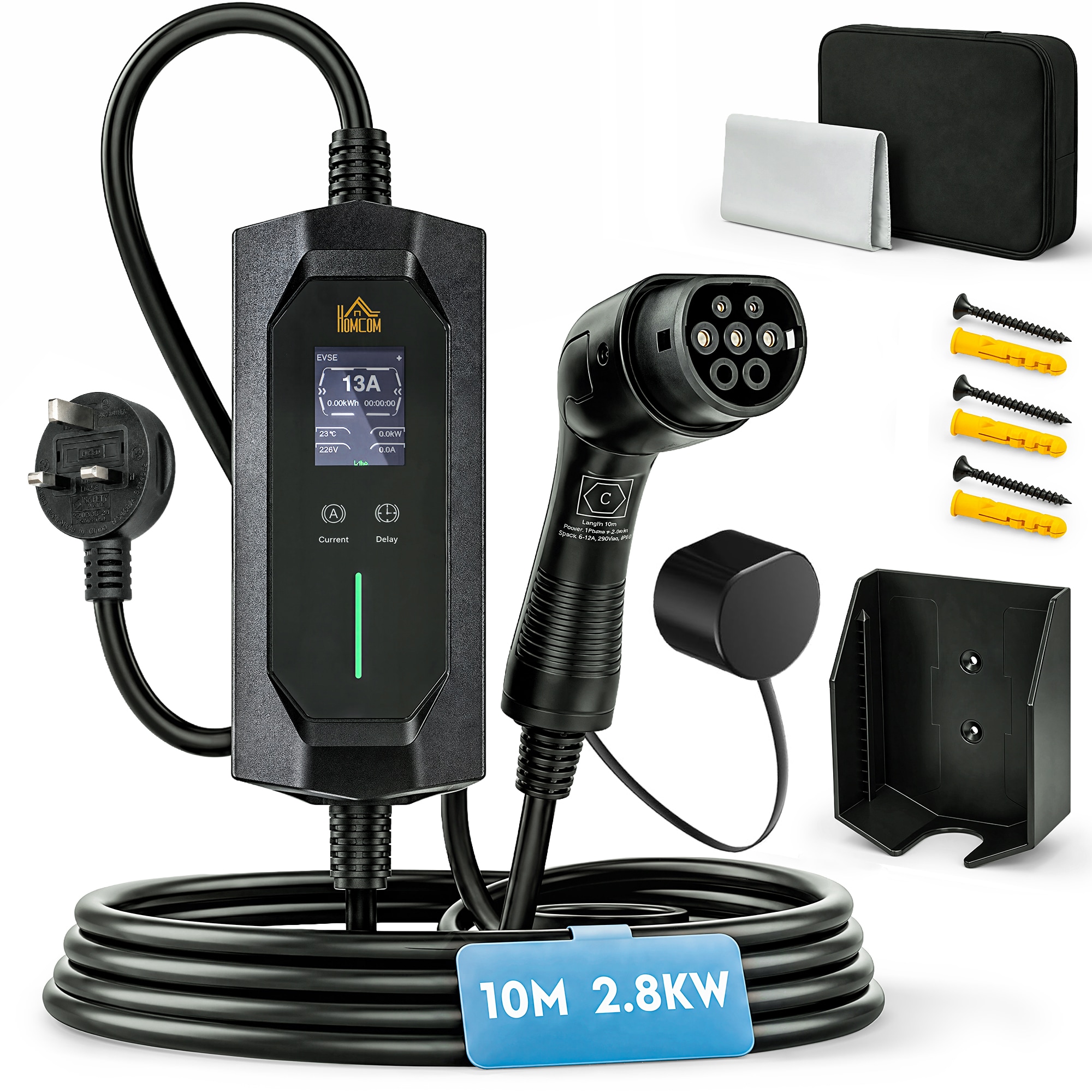 HOMCOM EV Charger Type 2 to 3 Pin Plug, 10 m, 2.8 kW, 6-13 A