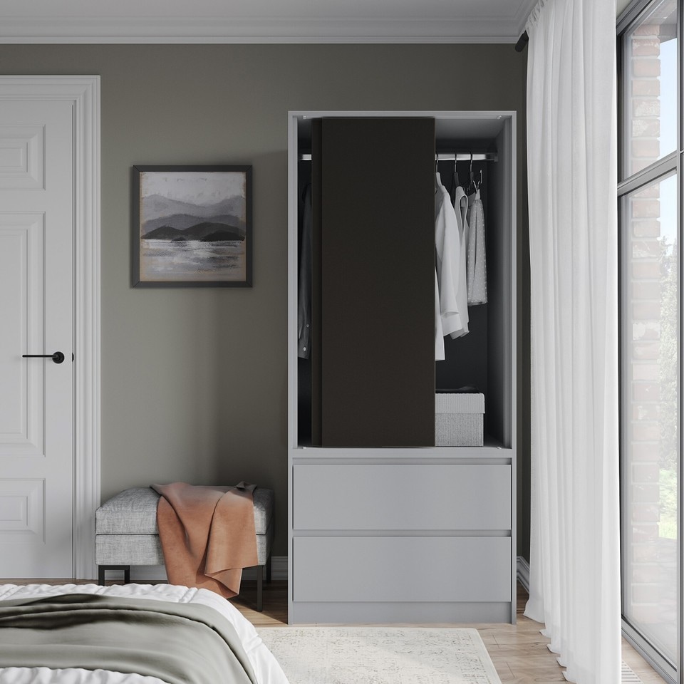 image 1 of URBNLIVING 2 Sliding Door Wardrobe With 2 Drawers And Hanging Rail | Grey | Black Doors | 1