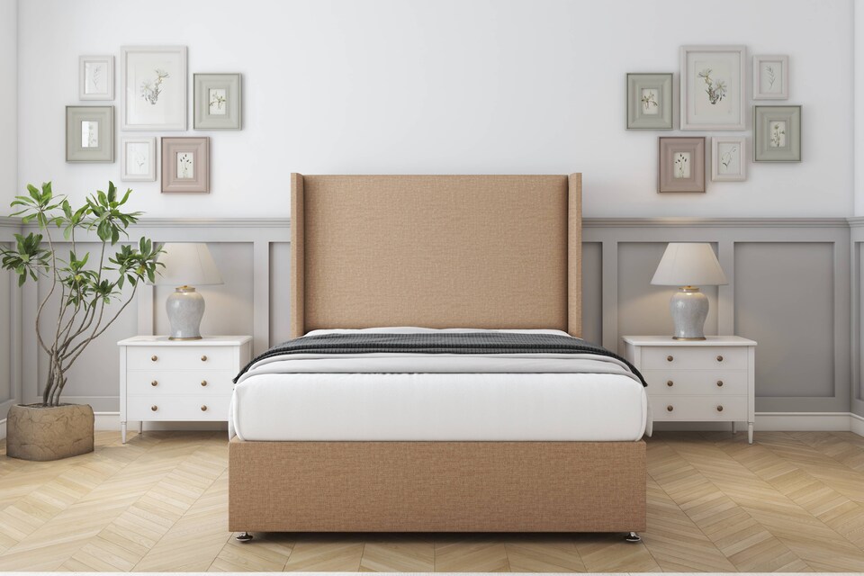 image 1 of Sloomy Devonshire Latte Dumfries Divan Bed Base No Drawers With 54 Inch Wingback Headboard | Brown | Latte | Small Double | 1