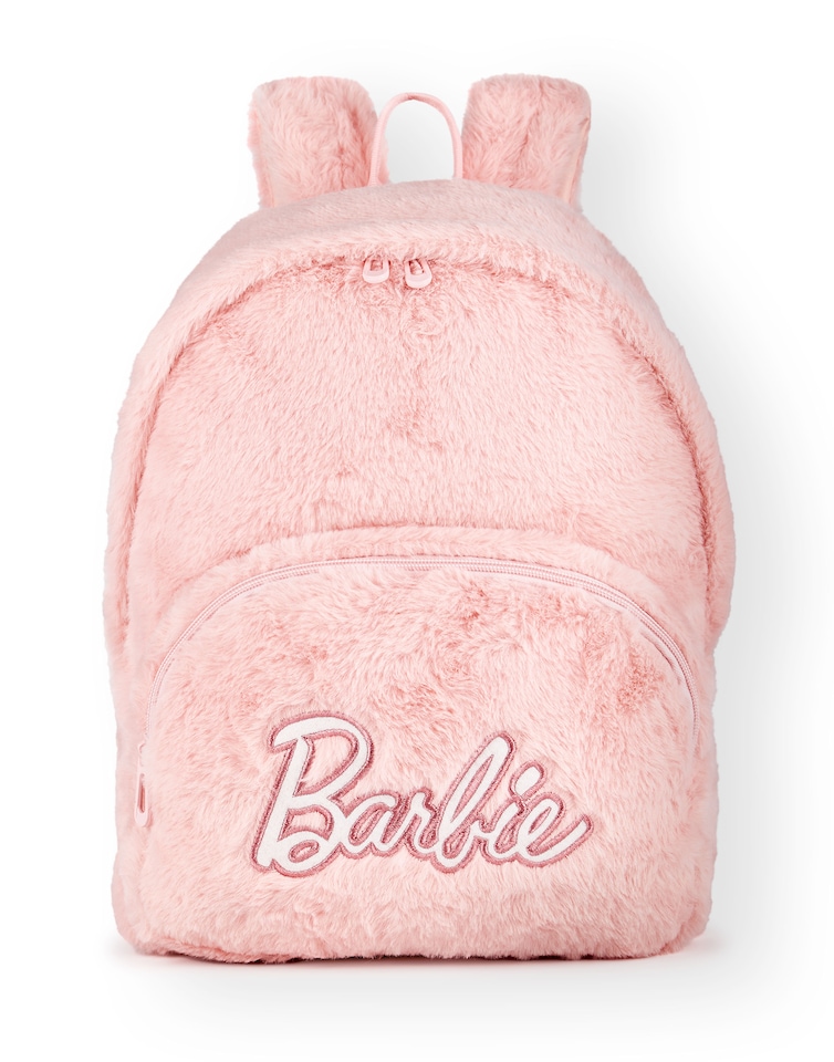 image 1 of Barbie Womens Fluffy Backpack | Ladies & Girls Classic Patch Logo Teddy Bear Rucksack Bag in Pink | Adjustable Straps & Spacious Compartments | Doll Toy Movie Merchandise Gift for Adults & Kids | Pink | Pink