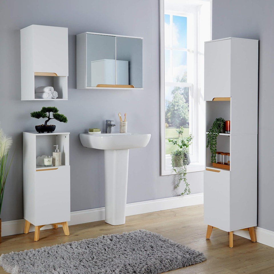 image 1 of Bathroom Floor Cabinet White 3 Storage Shelves Vanity Organiser Furniture