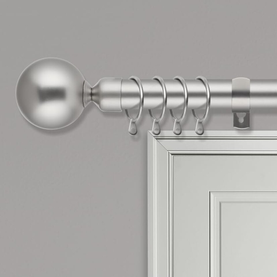 image 1 of Extendable Curtain Pole Round Ball Metal Curtain Rail Pole Set Includes Rings, Finials, Brackets & Fittings - Satin Nickel - 40cm to 144cm (15” to 57”)