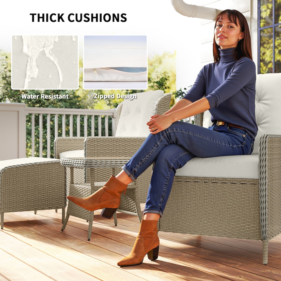 image 1 of Outsunny 5 Piece Rattan Garden Furniture Set with Recliner Chairs, Wicker Patio Conversation Set with Footstools, 2-Tier Glass Top Coffee Table, Cushions for Outdoor, Balcony, Porch, Light Grey