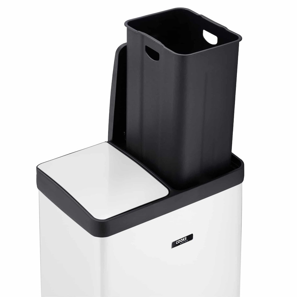 image 1 of Cooks Professional Dual Pedal Recycle Bin 60L with 2 x Compartments & Soft Close Lids | White