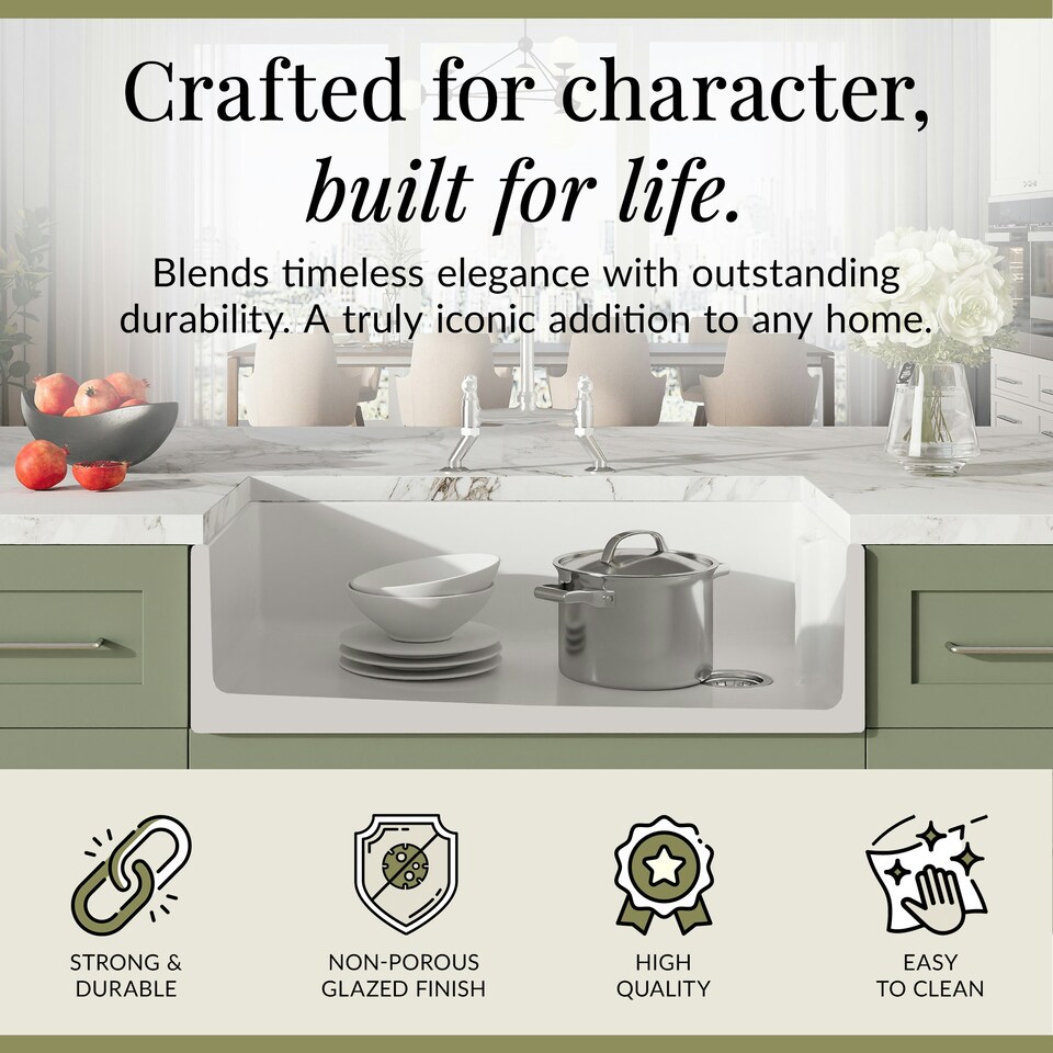 image 1 of Fireclay Kitchen Bundle Single Bowl Belfast Sink with Strainer Waste and Bridge Mixer Tap, 895mm Chrome Finish by Balterley