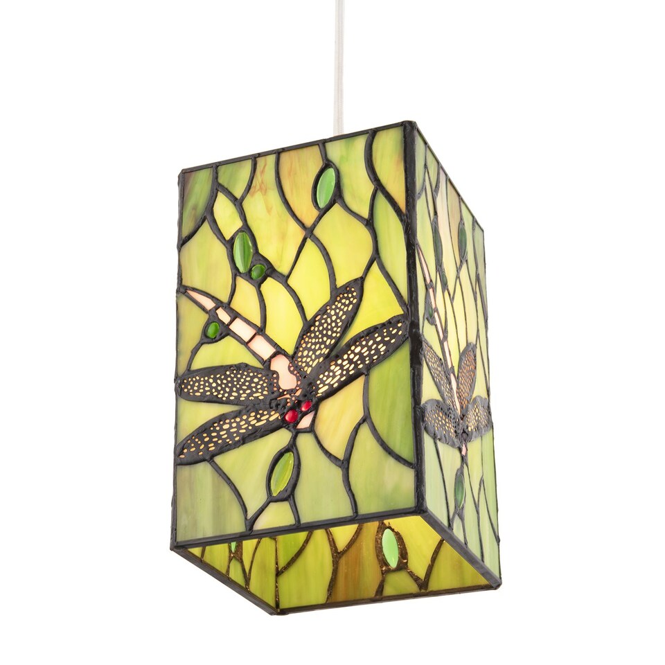 image 1 of Green Stained Glass Dragonfly Rectangular Tiffany Pendant Light Shade | Green | Green | 1