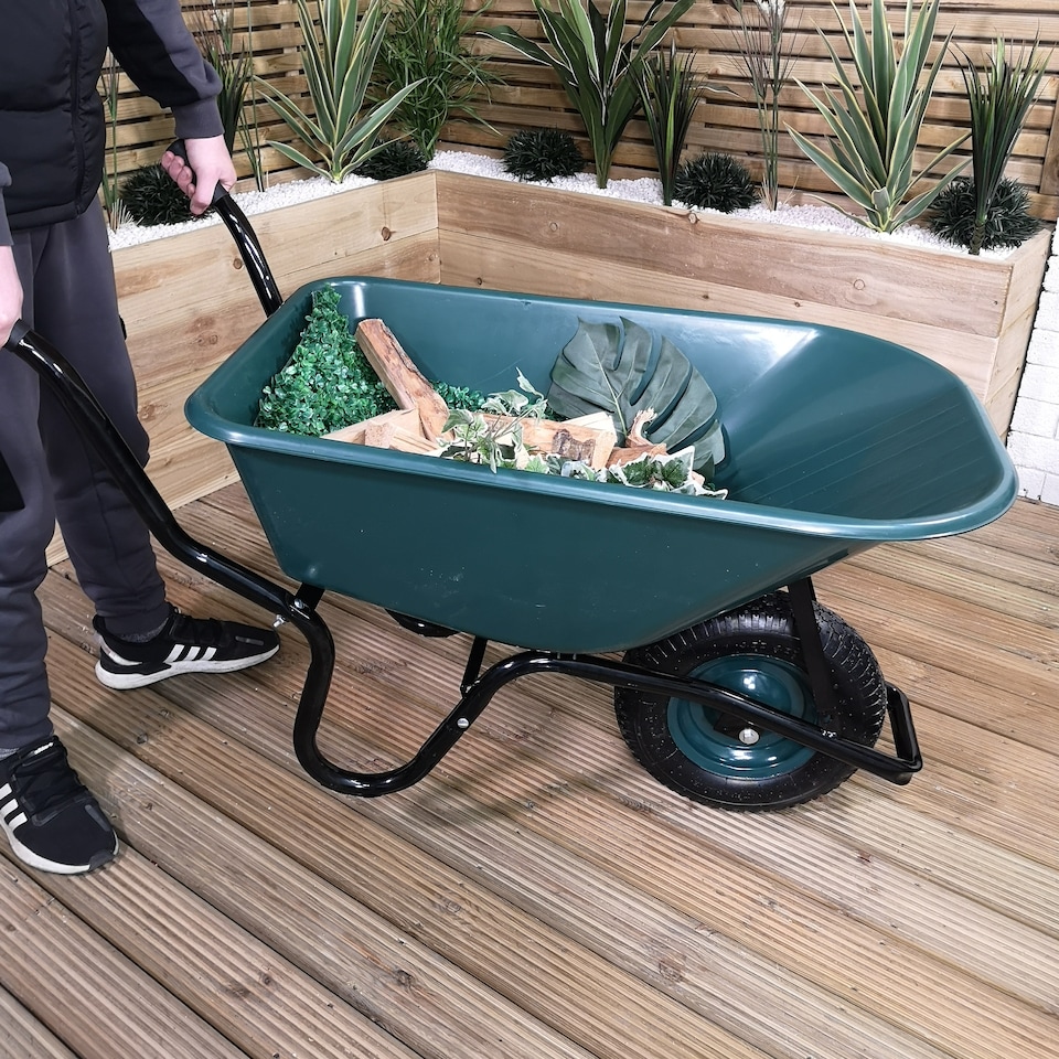 image 1 of 110 Litre 150kg Capacity Heavy Duty Outdoor Pneumatic Plastic Garden Wheelbarrow in Green