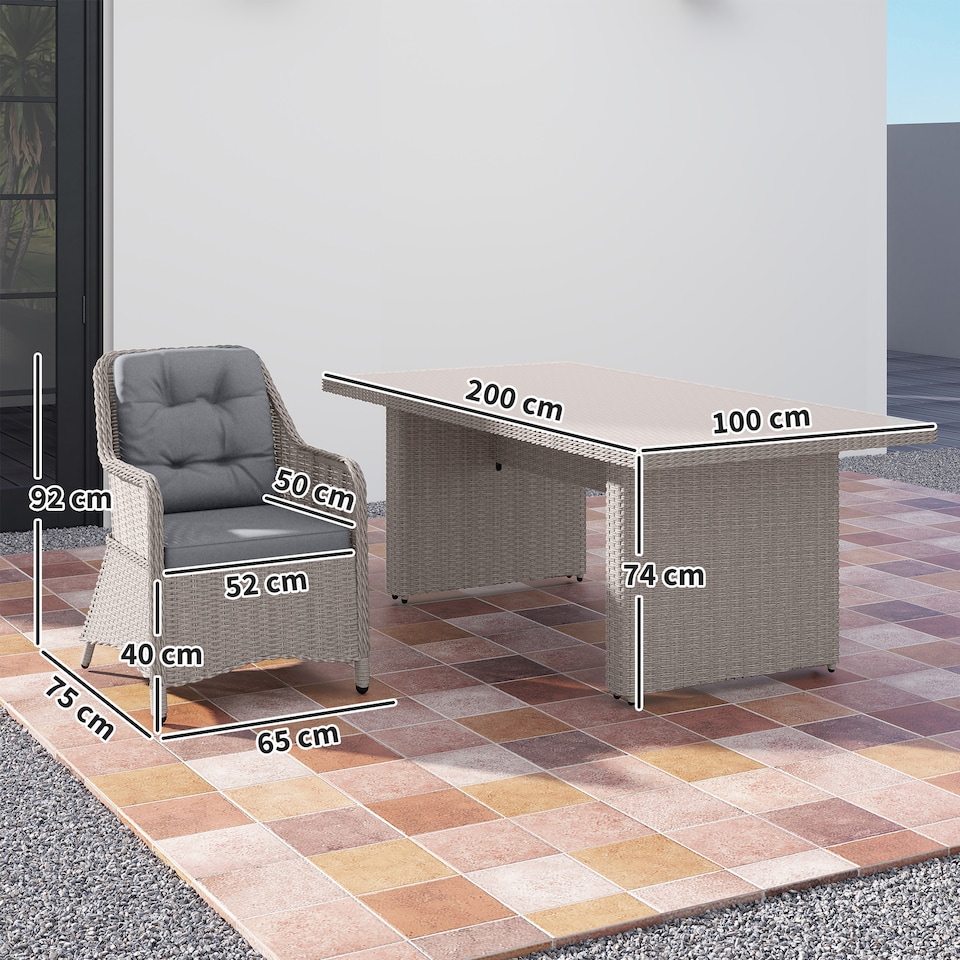 image 1 of Outsunny 6 Seater Rattan Dining Set, Luxury Round PE Rattan Garden Furniture Set with Cushions, Aluminium Outdoor Dining Table and Chairs with 6 Armchairs, Rectangle Glass Top Table, Grey