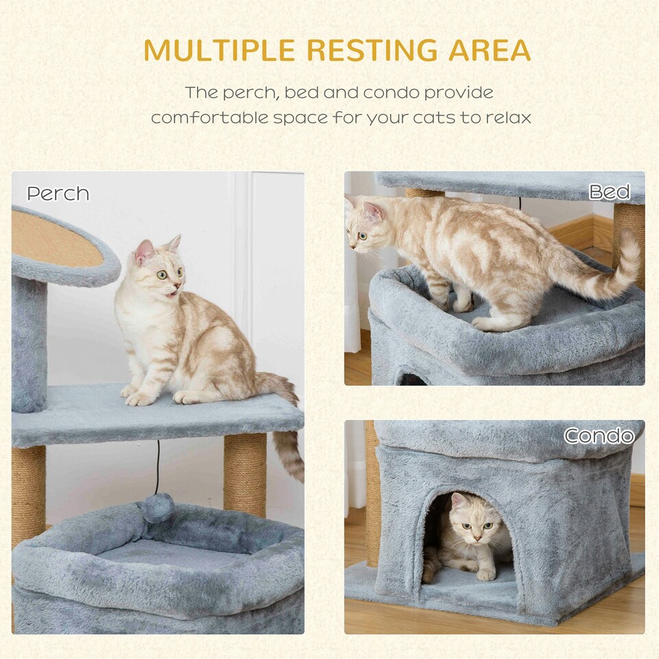 image 1 of PawHut Cat Scratching Post with Bed House Perch Toy for Indoor Cats, Grey