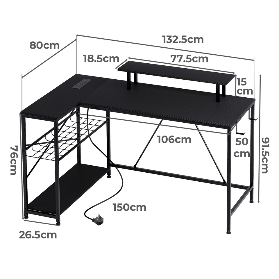 image 1 of Levede L-Shaped Gaming Desk Computer Table with RGB Lights Power Outlets