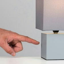 ValueLights Cubbie Grey Cube Design Touch Dimmer Bedside Table Lamp with Grey Fabric Light Shade and LED Candle Bulb In Warm White | Grey