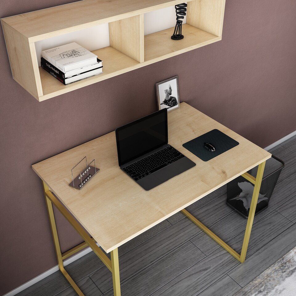 image 1 of Decorotika Hussum Metal Frame Computer Desk with Wall Shelf - 90 cm W x 75 cm H x 60 cm D