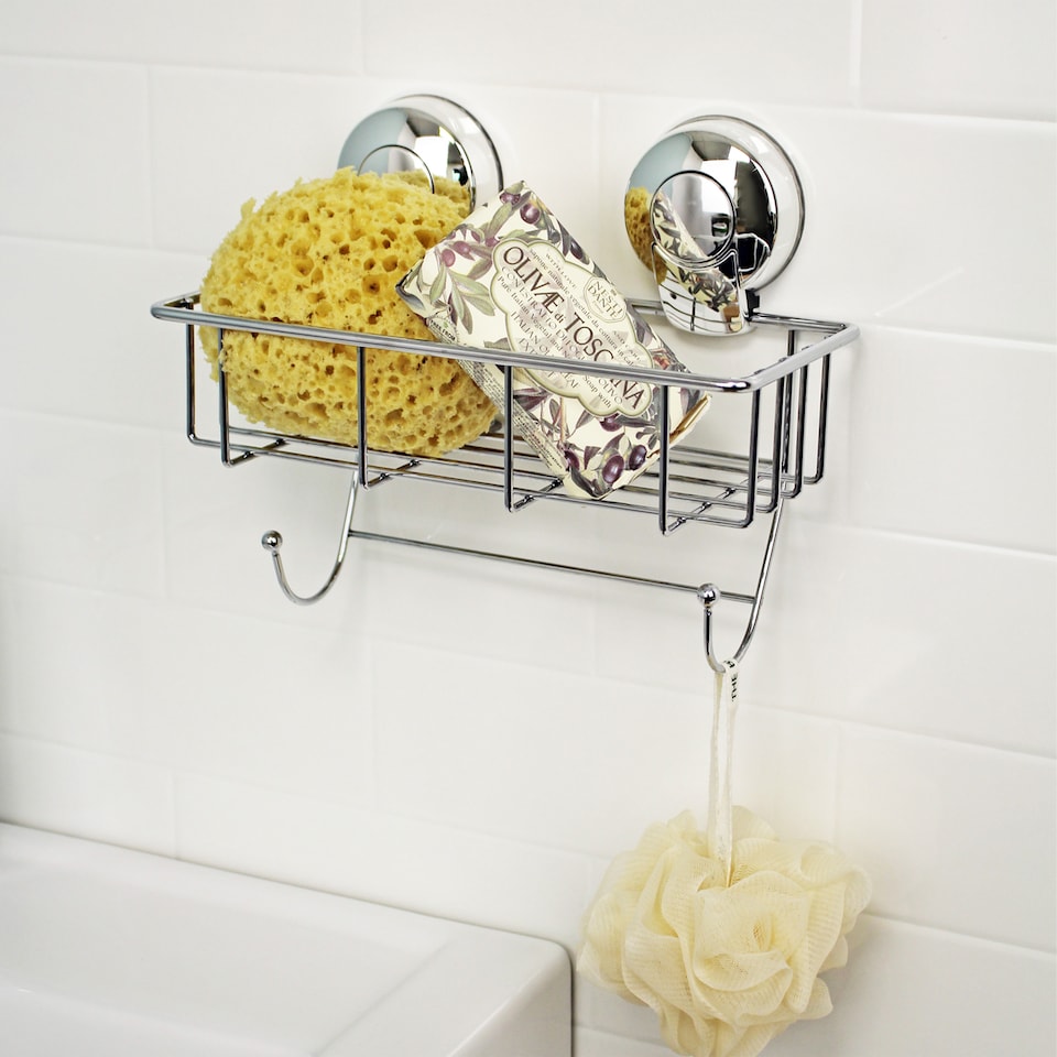 image 1 of Showerdrape Suctionloc Chrome Suction Wall Mounted Sponge Basket with Mounting Discs | Silver | 1
