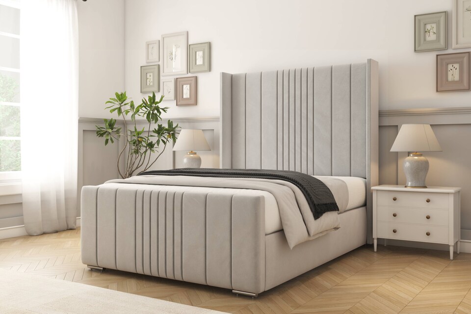 image 1 of Sloomy Hargrave Silver Plush Bed Frame With 50"  Upholstered Wingback Headboard 4'6 Double