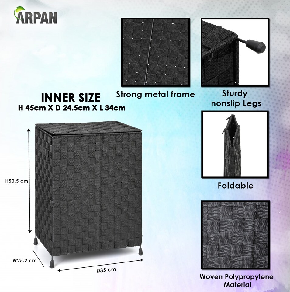 image 1 of ARPAN Laundry Basket Hamper with Lid & Insert Handles – Washing Bin Storage Organiser for Clothes, Toys & Household Essentials