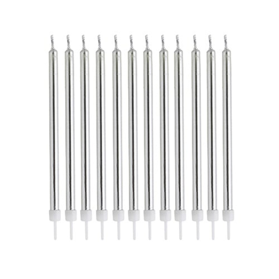image 1 of Metallic Silver Skinny Birthday Candles with Holders - Pack of 12