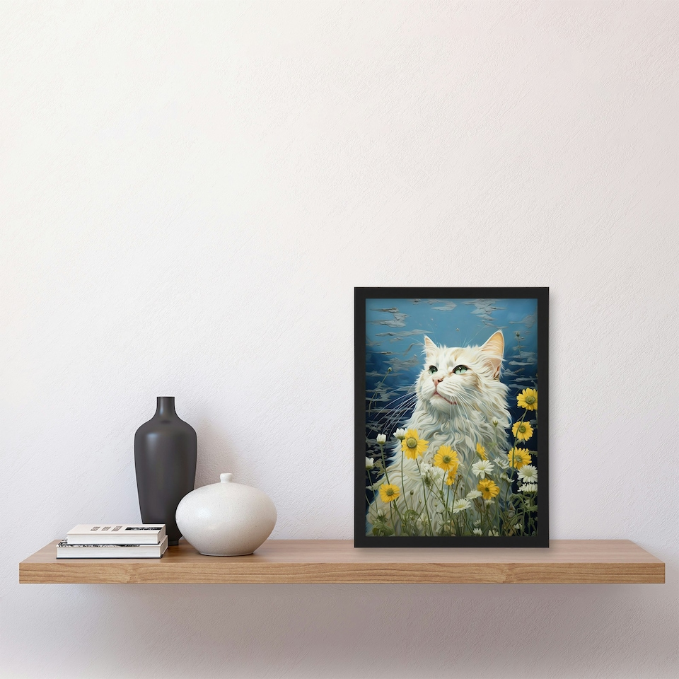 image 1 of White Cat Wildflowers Floral Meadow Oil Black Framed Wall Art Print A4