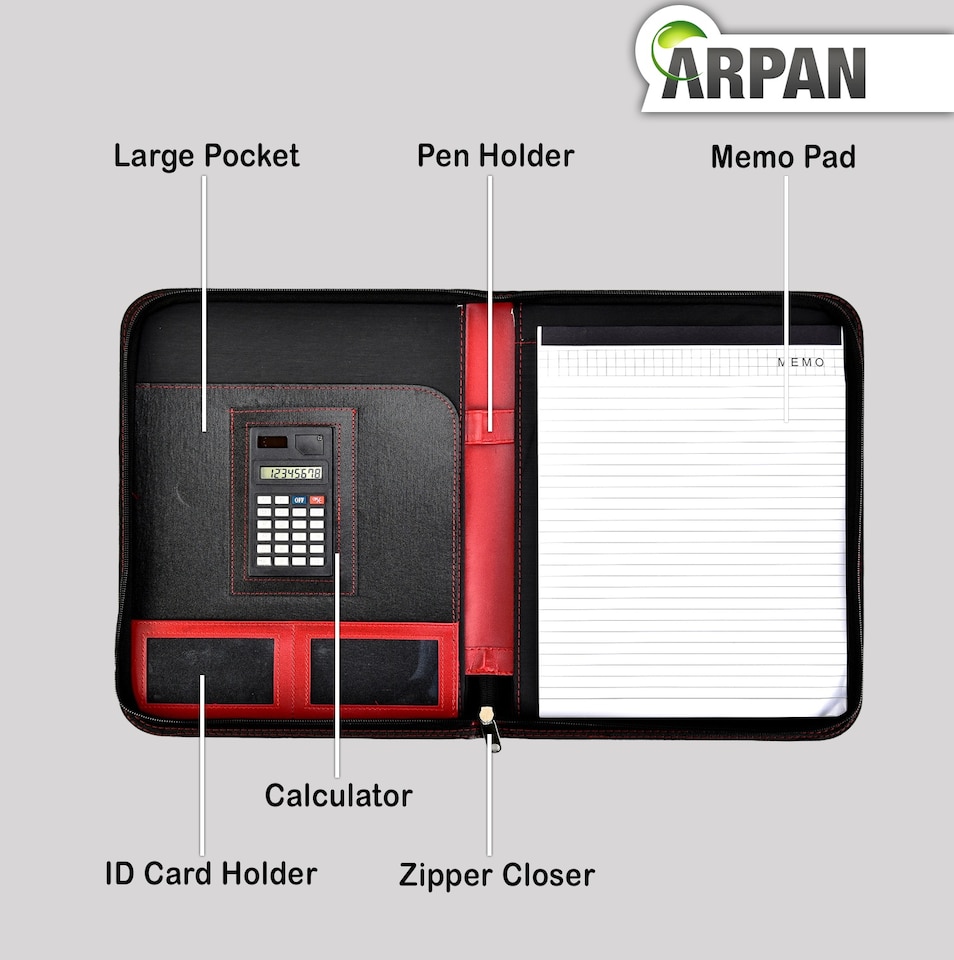 image 1 of A4 Zipped Conference Folder – Executive Portfolio with Calculator, Writing Pad, Pen Holder & Document Storage – Professional Faux Leather Business Organiser for Office, Meetings & Interviews