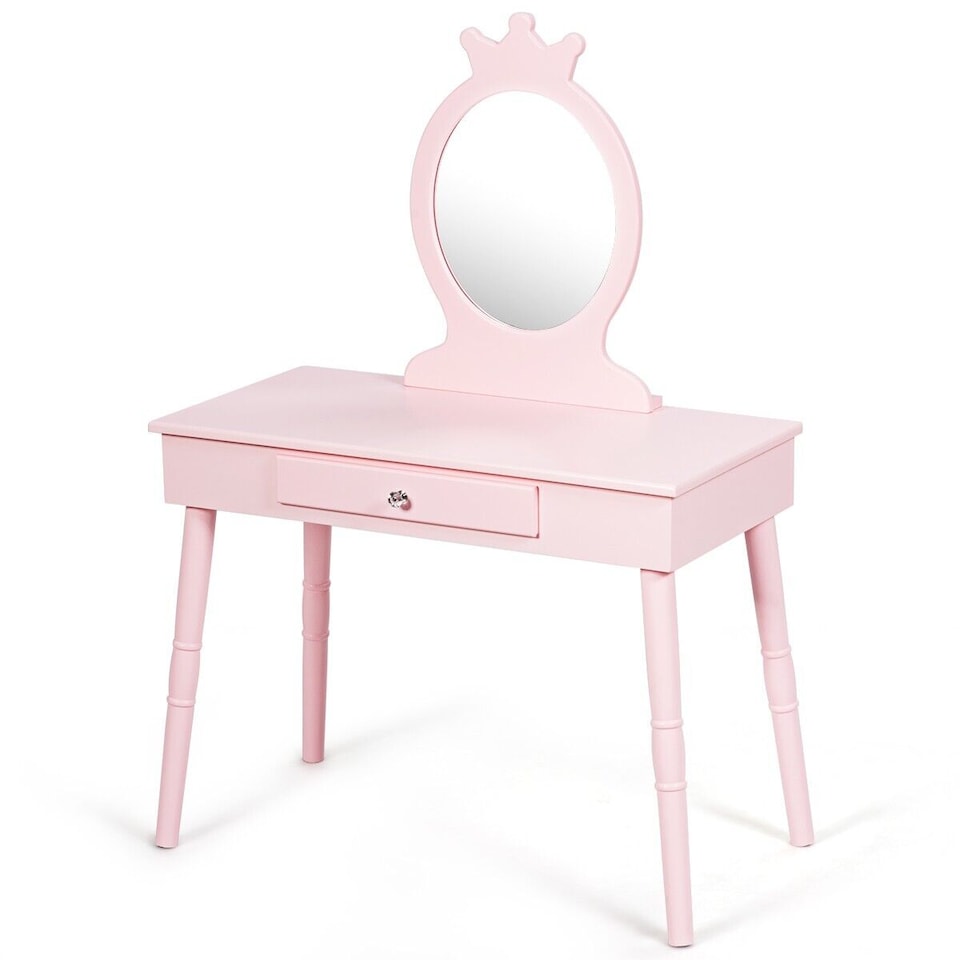 image 1 of COSTWAY Pretend Makeup Dressing Table Kids Vanity Table Pink