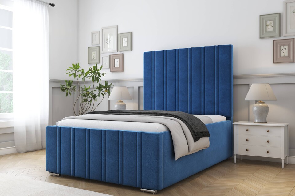 image 1 of Sloomy Radcliffe Navy Plush Bed Frame With 50" Upholstered Headboard 4'6 Double