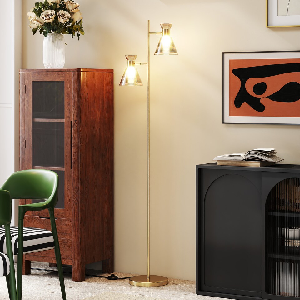 image 1 of HOMCOM Floor Lamp with Adjustable Dual Head, Modern Standing Lamp with Floral Glass Shades and Foot Switch for Living Room Bedroom, E27 Socket, Bulb Not Included, Gold Tone