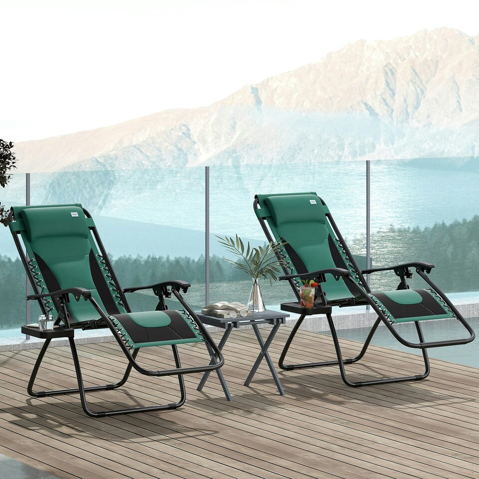 image 1 of Outsunny 2 Pcs Zero Gravity Lounger Folding Recliner Chair Cup Holder Green