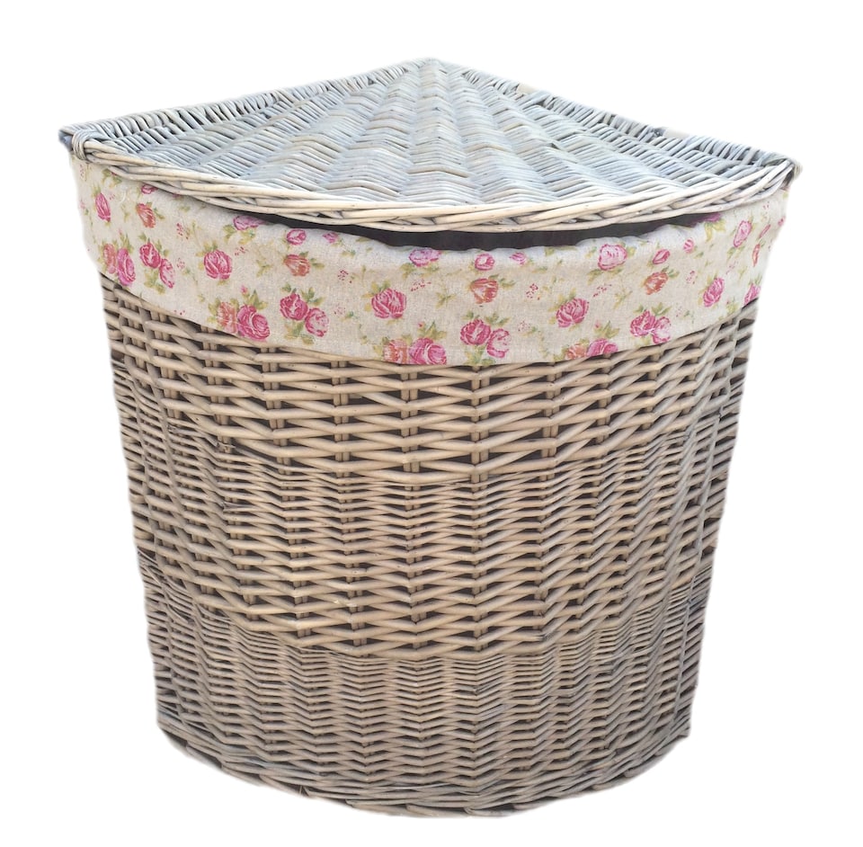 image 1 of Small Antique Wash Corner Linen Basket With Garden Rose Lining | Multi | Garden Rose