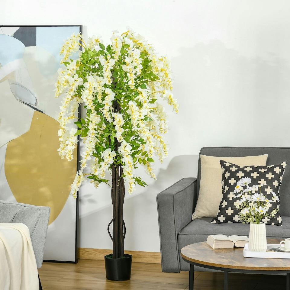 image 1 of HOMCOM Artificial Realistic White Wisteria Tree Faux Plant for Indoor Décor