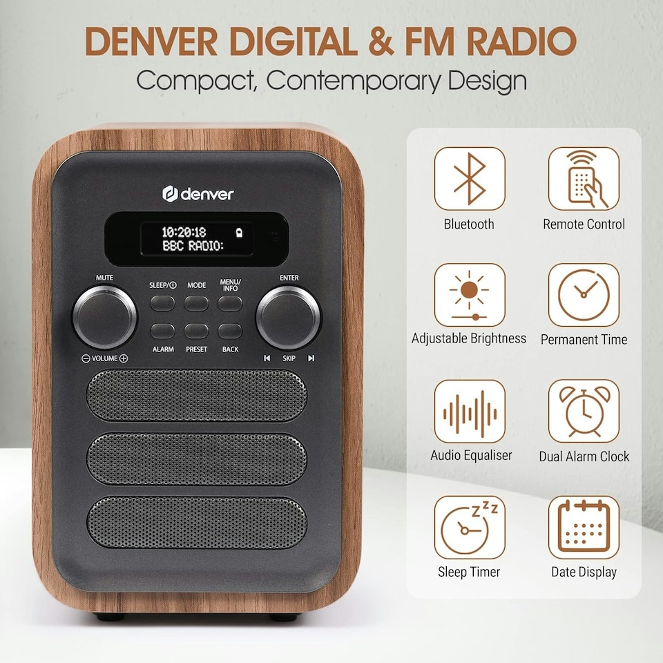 image 1 of Denver DAB-48 Bluetooth DAB Radio - Large Remote Control - DAB/DAB+ Digital Radio Mains Powered – DAB Bluetooth Radio Speaker – DAB Alarm Clock