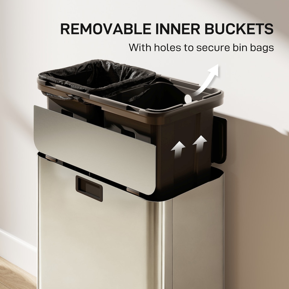 image 1 of 56L Dual Kitchen Bin with Removable Inner Buckets for Recycling and Waste | Silver