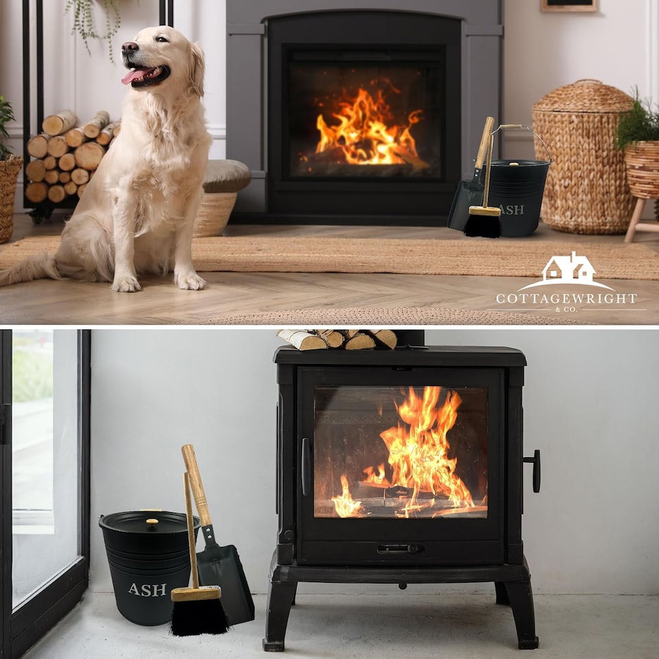 image 1 of Metal Ash Bucket with Lid and Fireside Companion Set Coal Shovel and Brush Kit