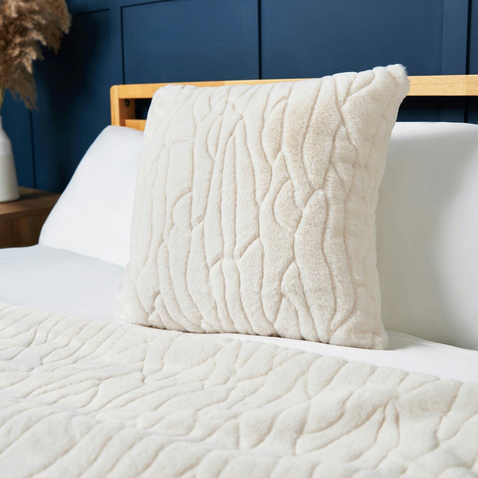 image 1 of BHS Luxury Embossed Rabbit Faux Fur Cushion, Cream Cream | Cream
