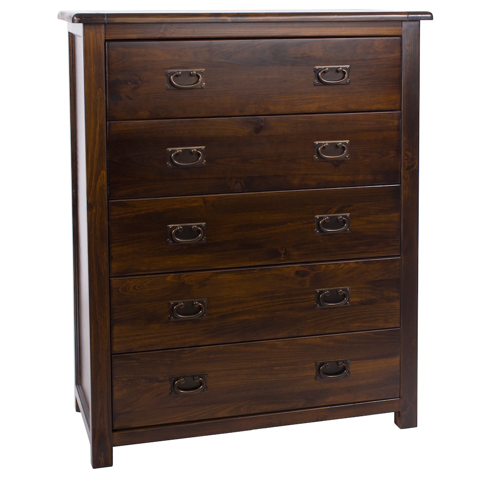 image 1 of Boston 5 Drawer Chest - Rich Dark Brown Lacquer Solid Wood Bedroom Storage with Brass Handles | Brown | Brown | 1