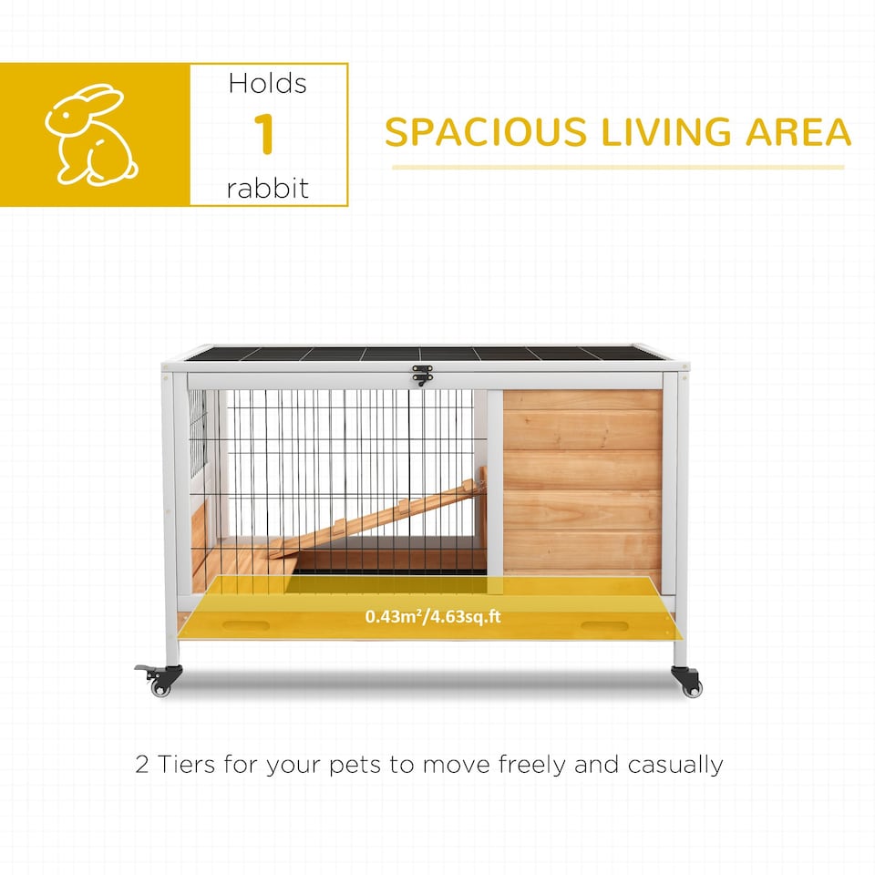 image 1 of PawHut Wooden Guinea Pig Hutch 2-Floor Design w/ Wheels, Yellow