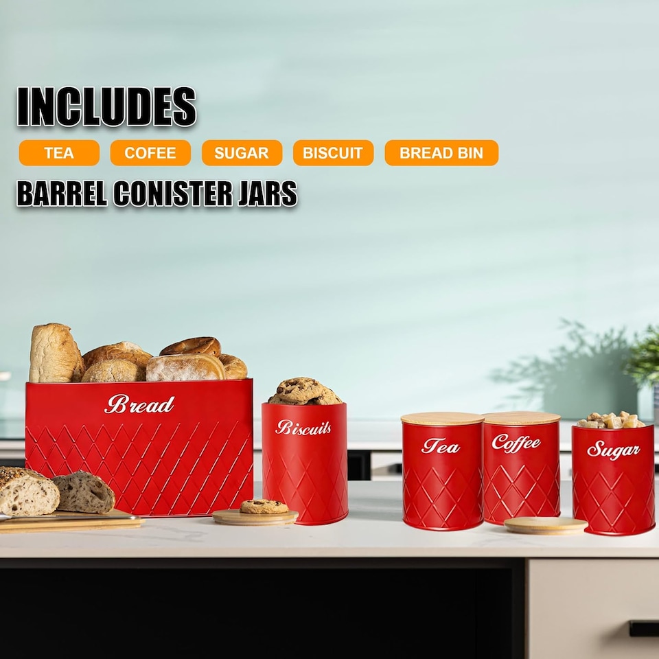 image 1 of 6Pcs Kitchen Storage Canister Jars with Can Opener Airtight Bamboo Lid Tea Coffee Sugar Bread Tins Set