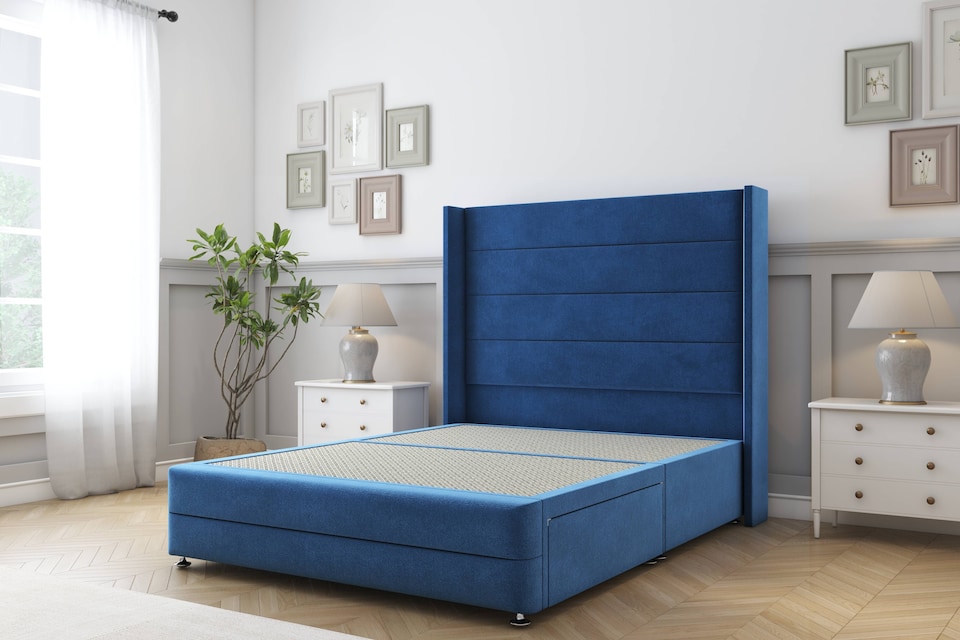 image 1 of Sloomy Sterling Navy Plush Divan Bed Base 2 Drawers Foot-End With 54 Inch Wingback Headboard & 12 Inch Matching Footboard | Blue | Navy | Double | 1