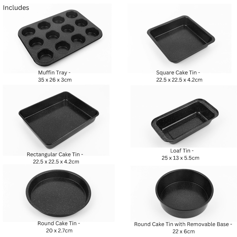 image 1 of Durastone 6 Piece Non Stick Baking Set in Black - Muffin Tin, Loaf tin, Traybake Tin, Cake Tins, Roasting Oven Tray