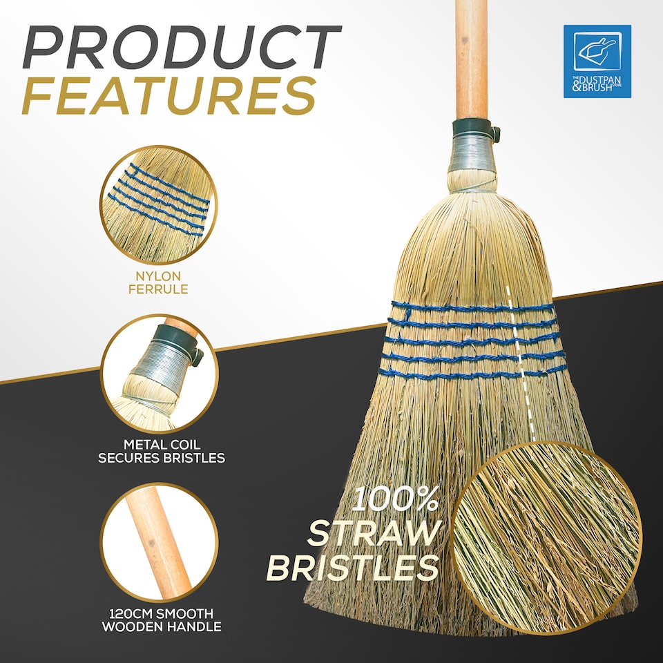image 1 of Traditional Corn Broom with Natural Straw Bristles Yard Sweeper
