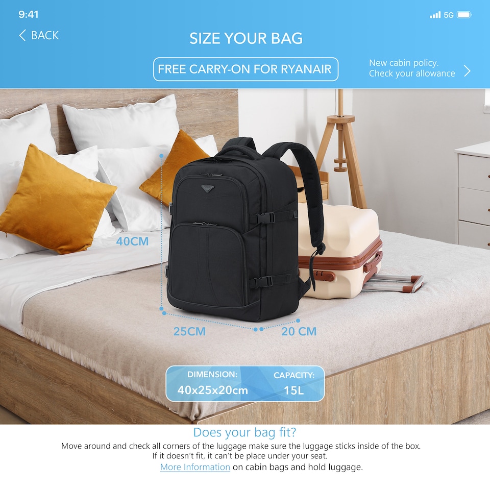 image 1 of Flight Knight Underseat Backpack 40x20x25cm Ryanair Free Carry On for Travelling USB Port Padded Comfortable Backpack - Carry On Luggage | Black | 1