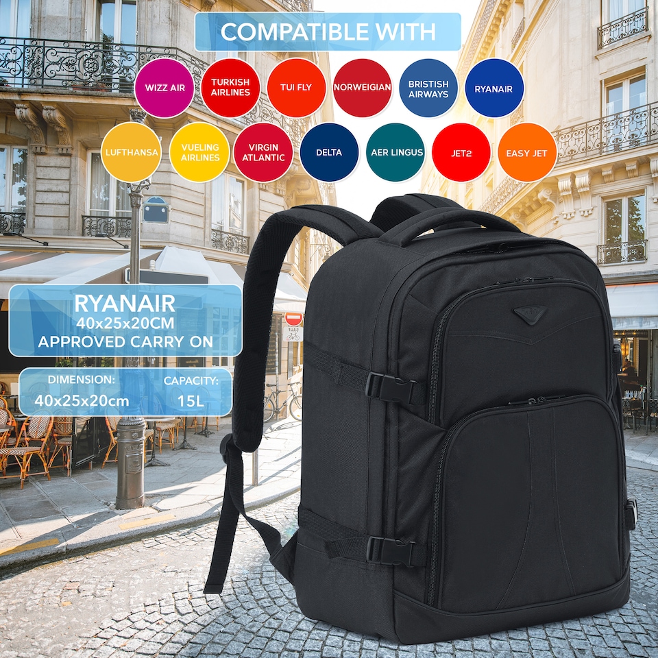 image 1 of Flight Knight Underseat Backpack 40x20x25cm Ryanair Free Carry On for Travelling USB Port Padded Comfortable Backpack - Carry On Luggage | Black | 1