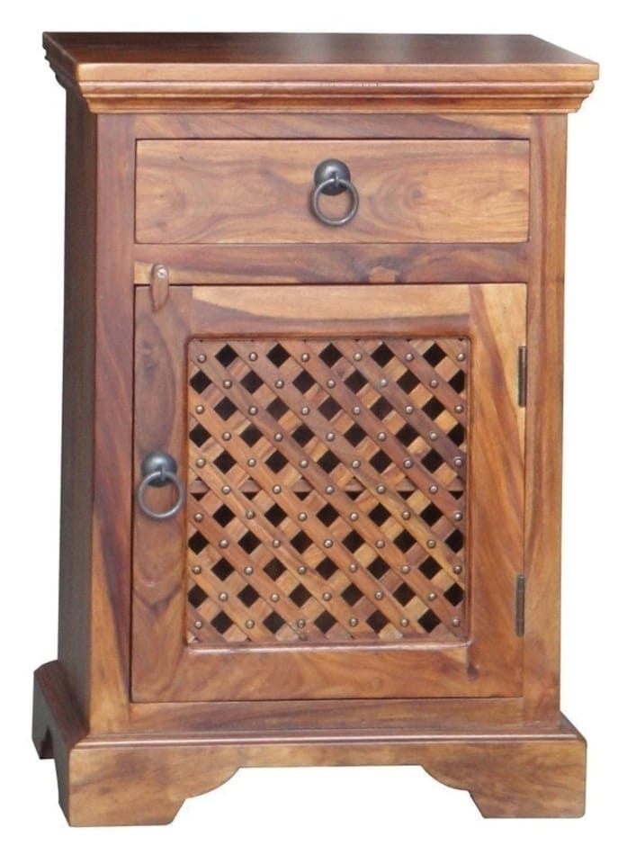 image 1 of Ganga Latic Jali Bedside with Right Side Door - Sheesham Wood - L31 x W45 x H65 cm - Honey Dark Finish