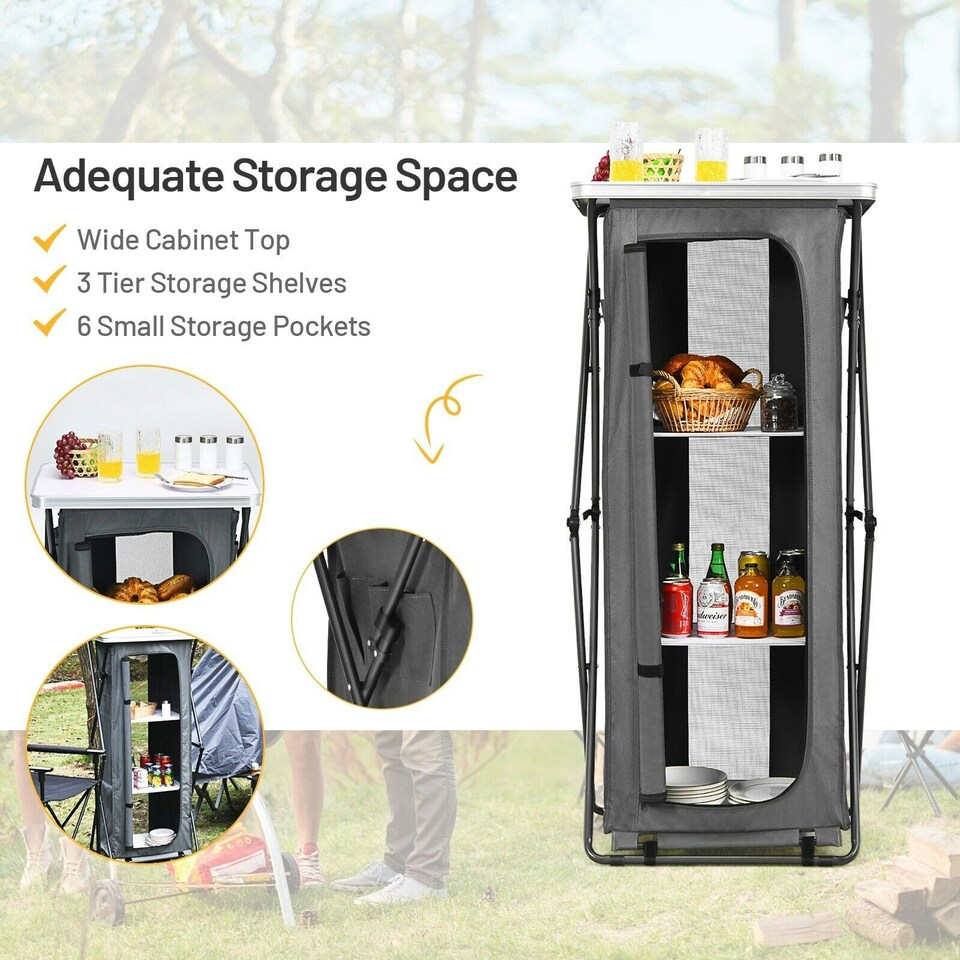 image 1 of COSTWAY 3 Tier Folding Cupboard 139cm Camping Storage Table Grey