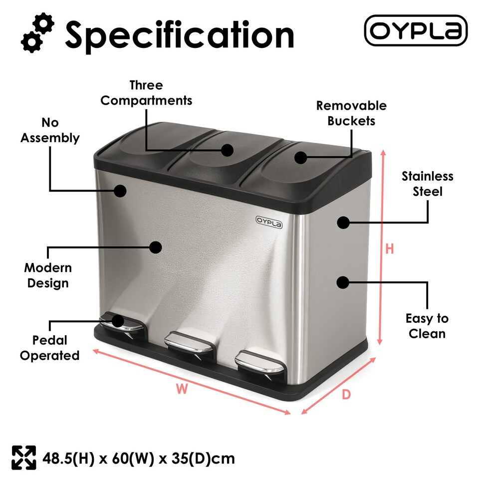 image 1 of 45L Stainless Steel Triple Compartment Pedal Kitchen Waste Bin | Silver