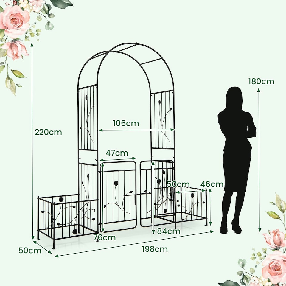 image 1 of COSTWAY Metal Garden Arbor Arch Trellis with 2 Side Planters
