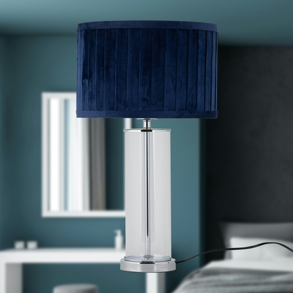 image 1 of Aura - Chrome Table Lamp with Navy Blue Pleated Velvet Shade Chrome | Blue