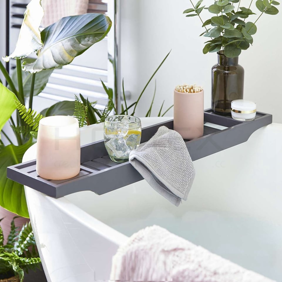 image 1 of Luxury Bamboo Bath Caddy Tray Wood Bathtub Storage Organizer Grey