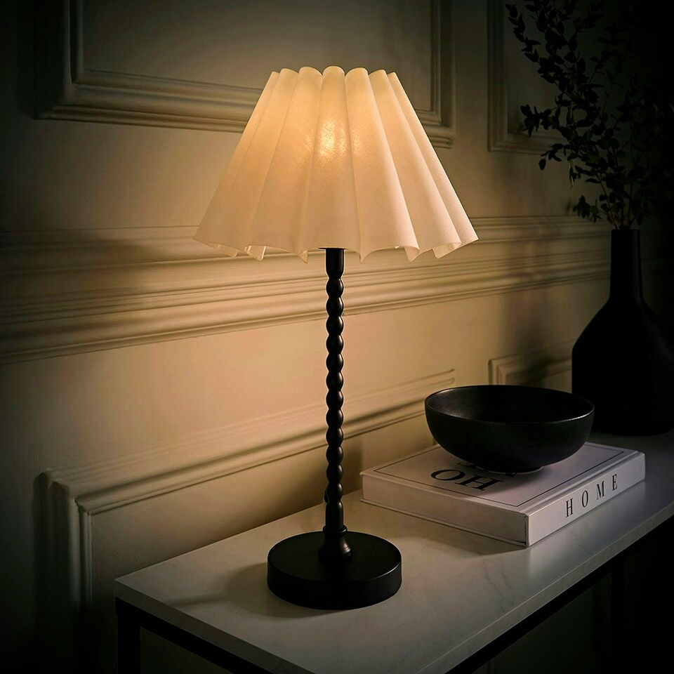 image 1 of ValueLights Maeve White Scallop Pleated Tapered Shade Matte Black Bobbin Bobble Table Lamp Black
