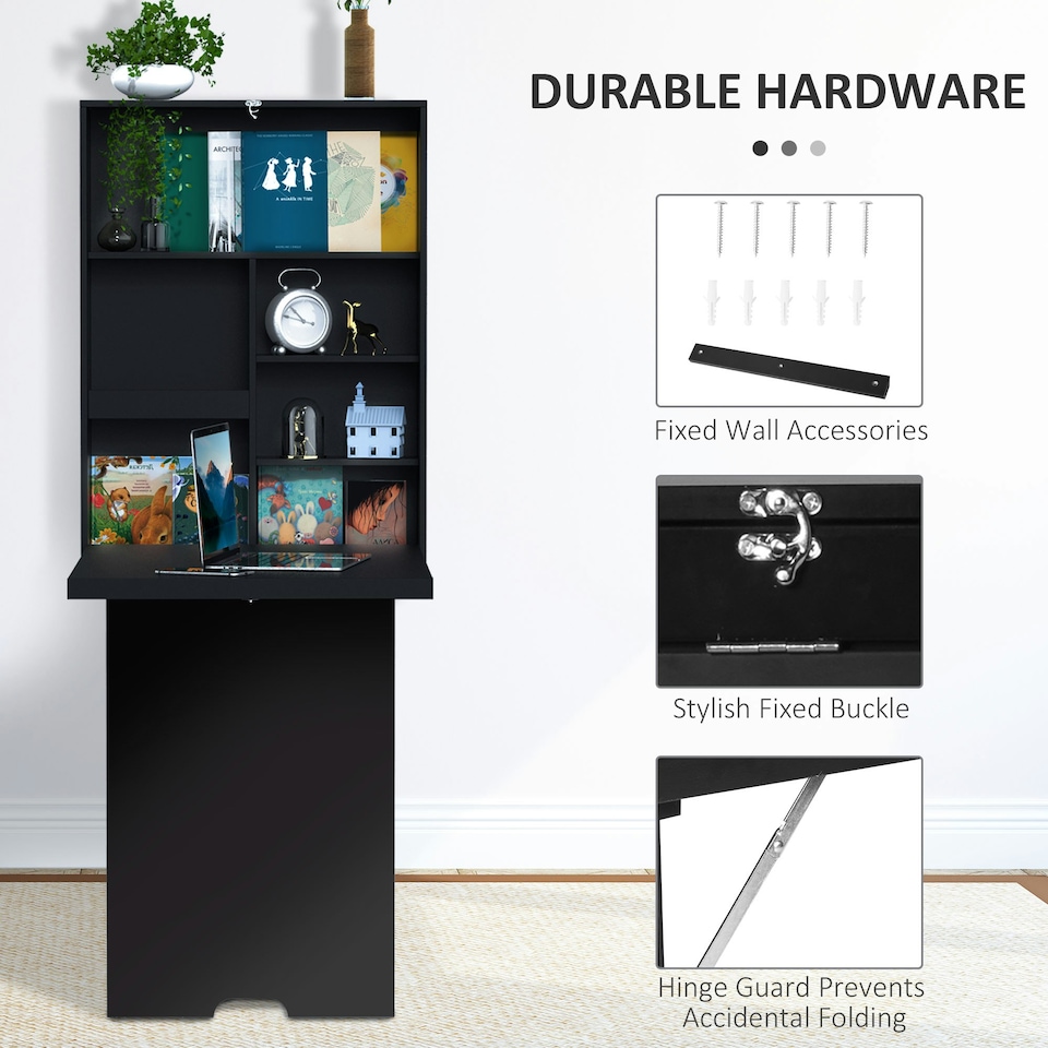 image 1 of HOMCOM Multi-Functional Folding Wall-Mounted Drop-Leaf Table w/Chalkboard Shelf